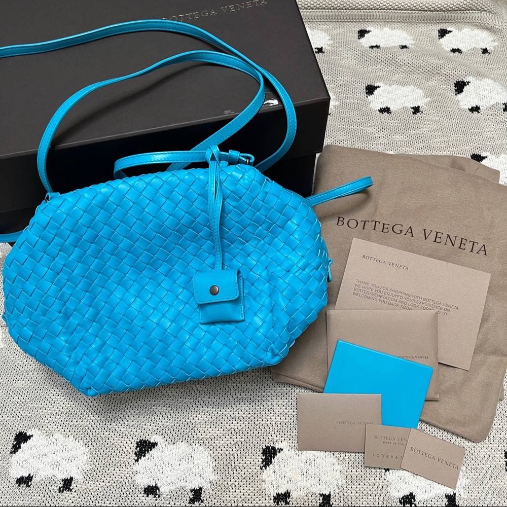 NWT BOTTEGA VENETA Nappa Intrecciato Cube Messenger Crossbody Bag Turquoise